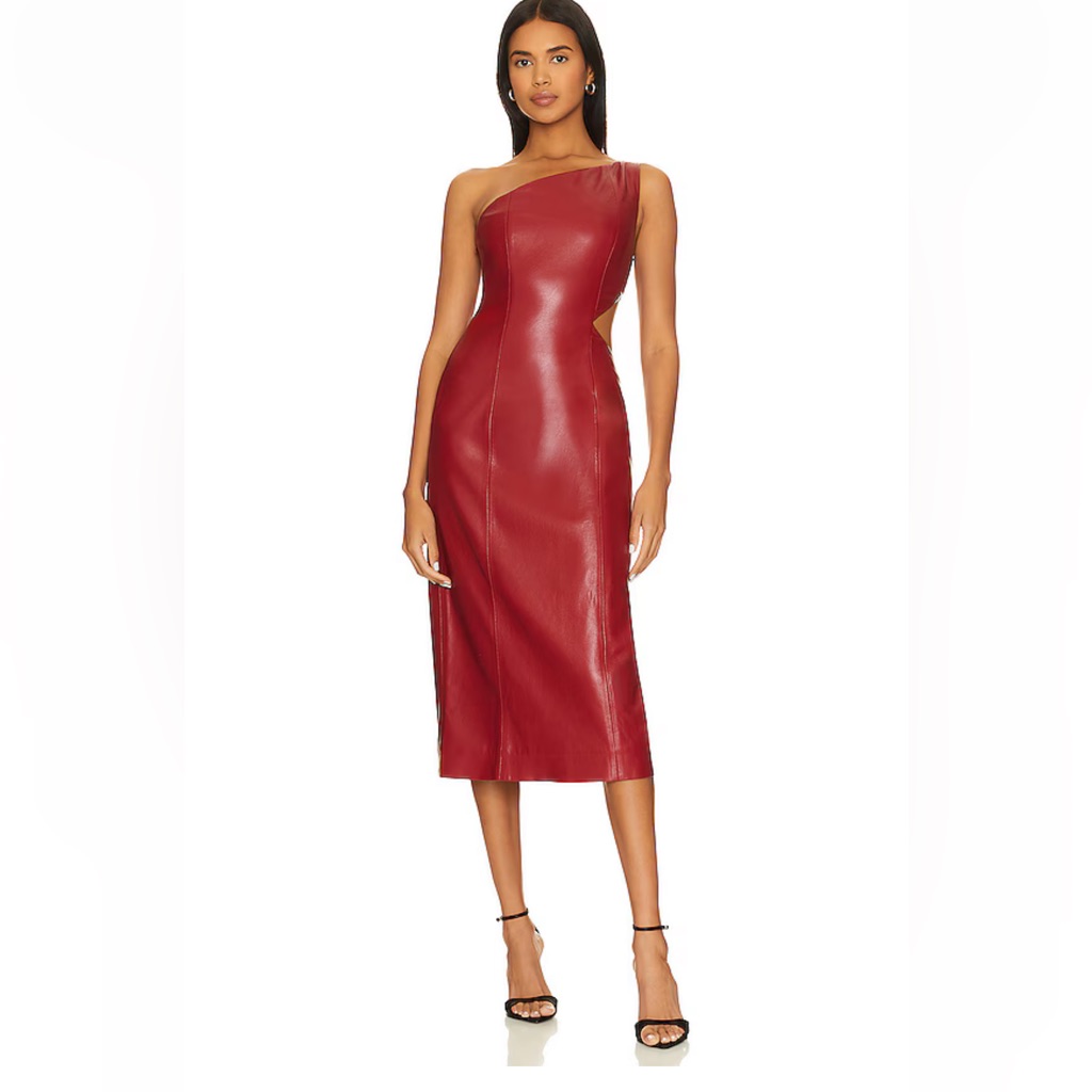 House Of Harlow 1960 Maroon Red Faux Leather One Shoulder Cutout Midi Dress Xs